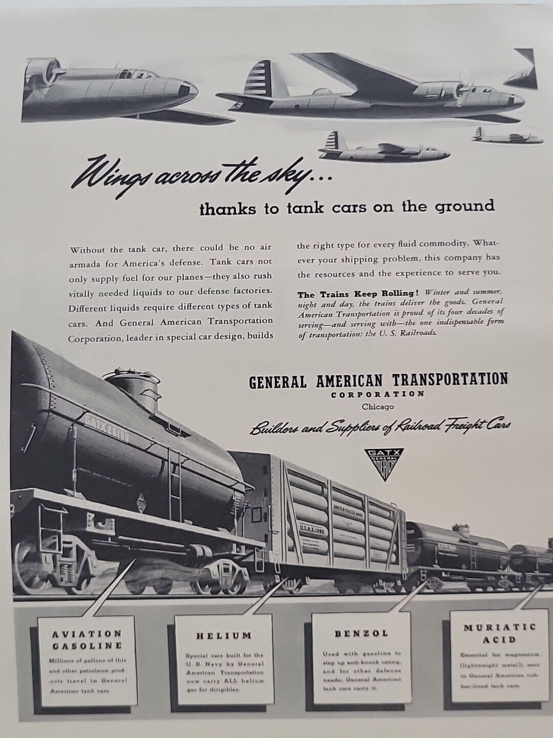 1942 General American Transportation Fortune WW2 Print Ad Q1 Airplanes Trains
