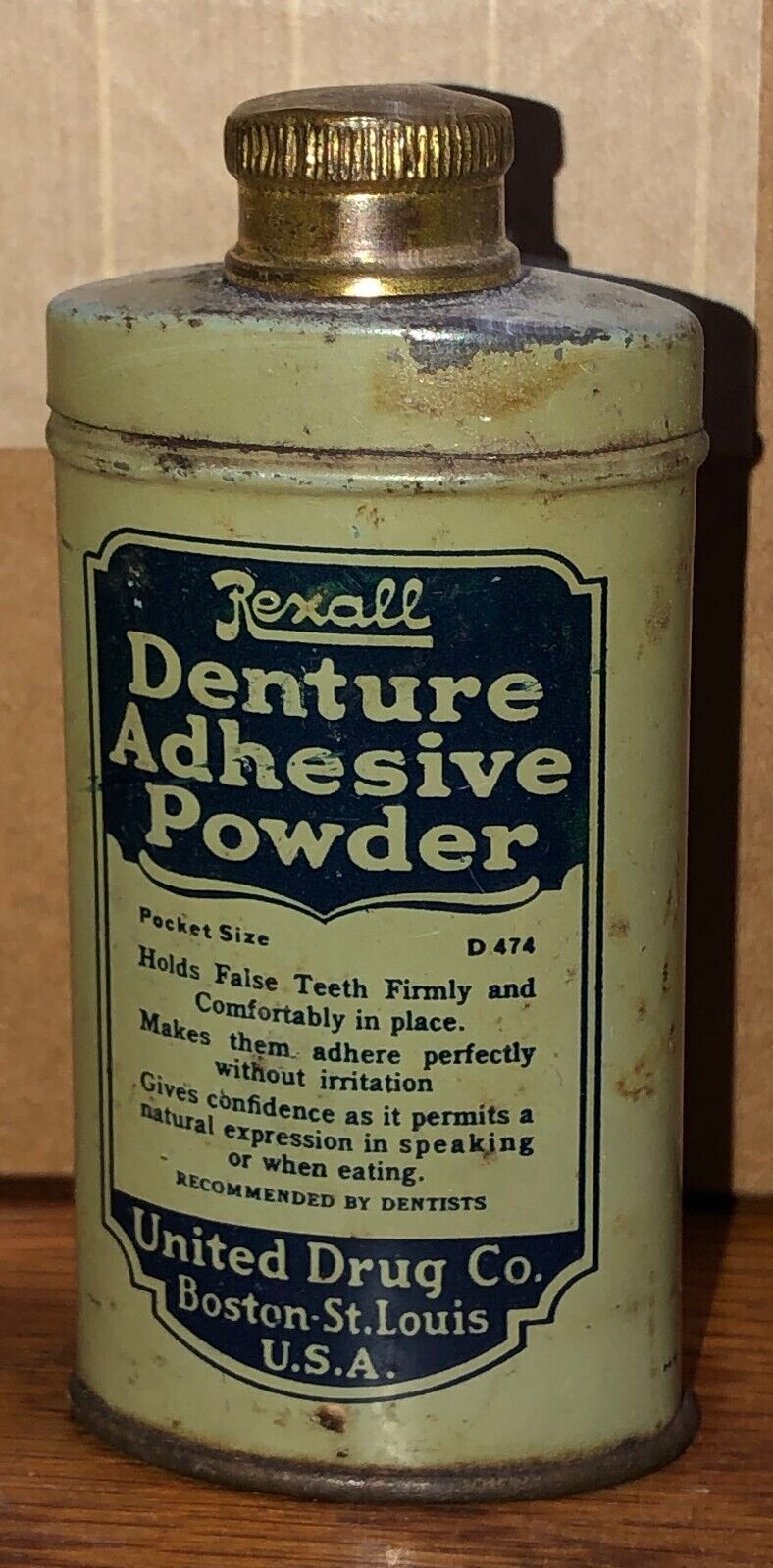 Teeth Denture Tin Rexall Adhesive Powder RX Medicine Vintage Medical Pharmacy