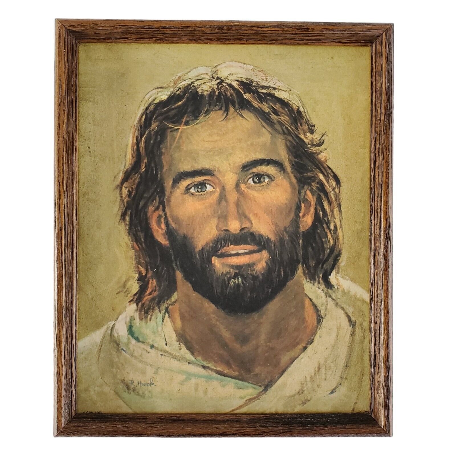 1963 R Hook Head of Jesus Christ Wood Framed Religious Art Signed Print Vintage