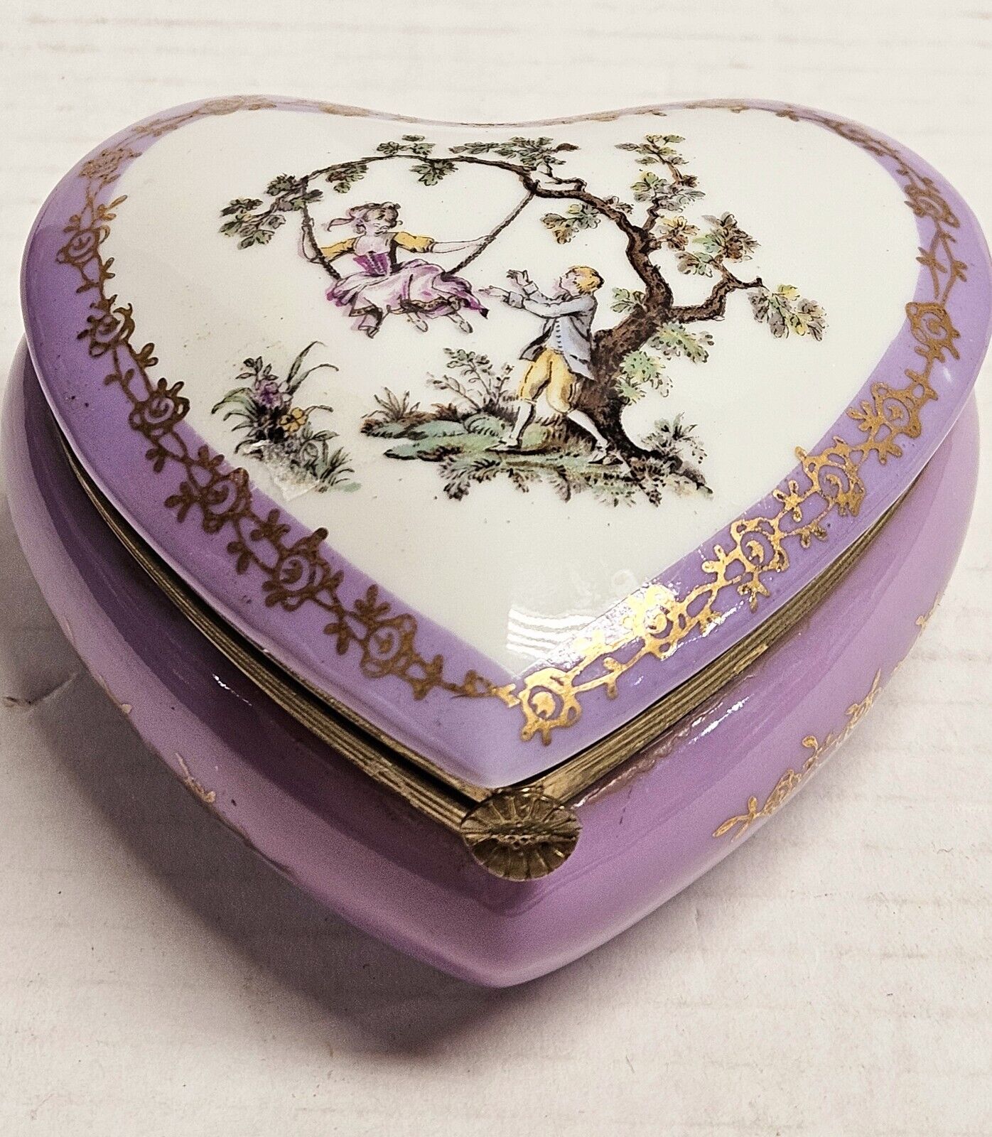 Vintage Heart  Shaped Trinket Box Courting Scene Purple