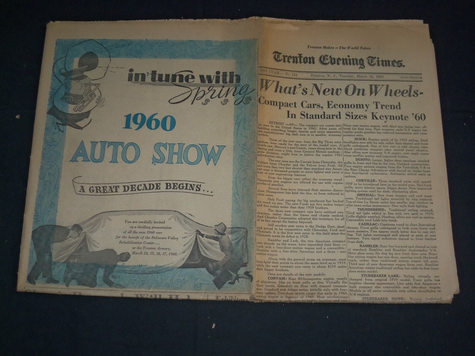 1960 MARCH 22 TRENTON EVENING TIMES NEWSPAPER - 1960 AUTO SHOW - NP 3381