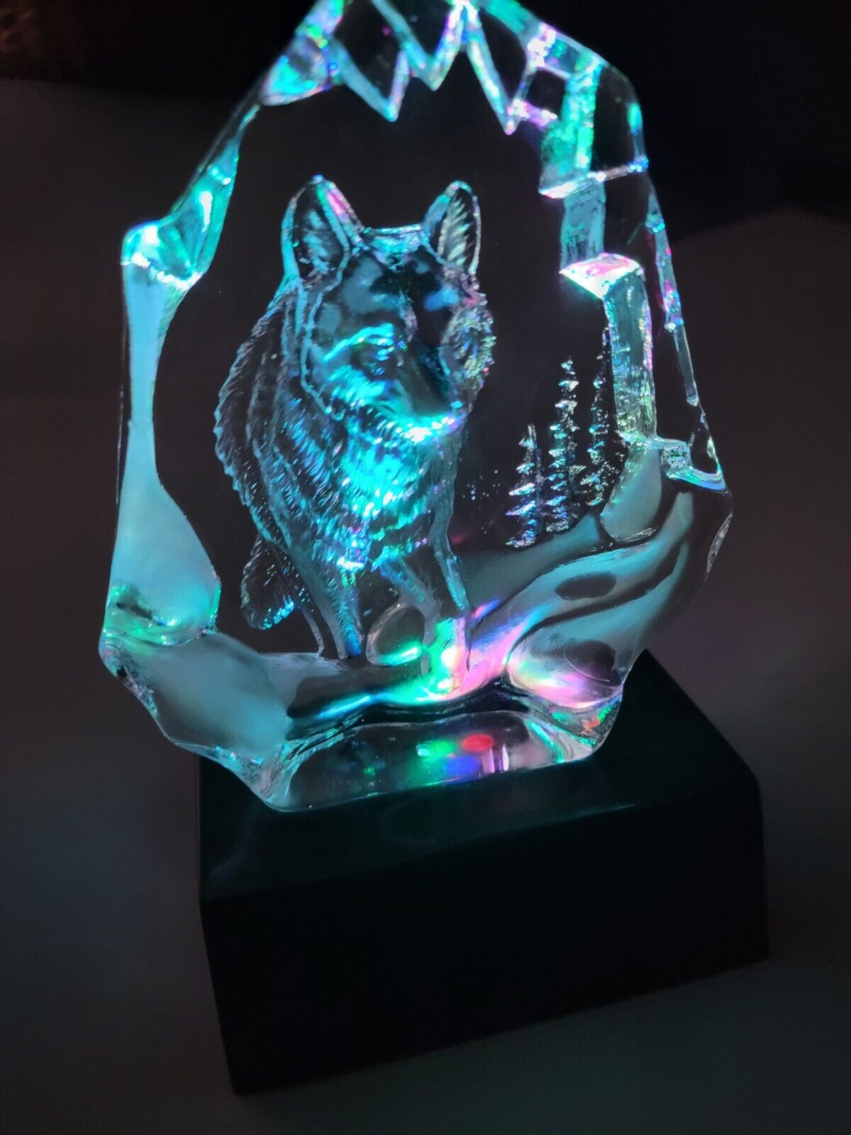 Wolf Laser Etched Into Lead Crystal With A Lighted Marble Or Marble Like Base...