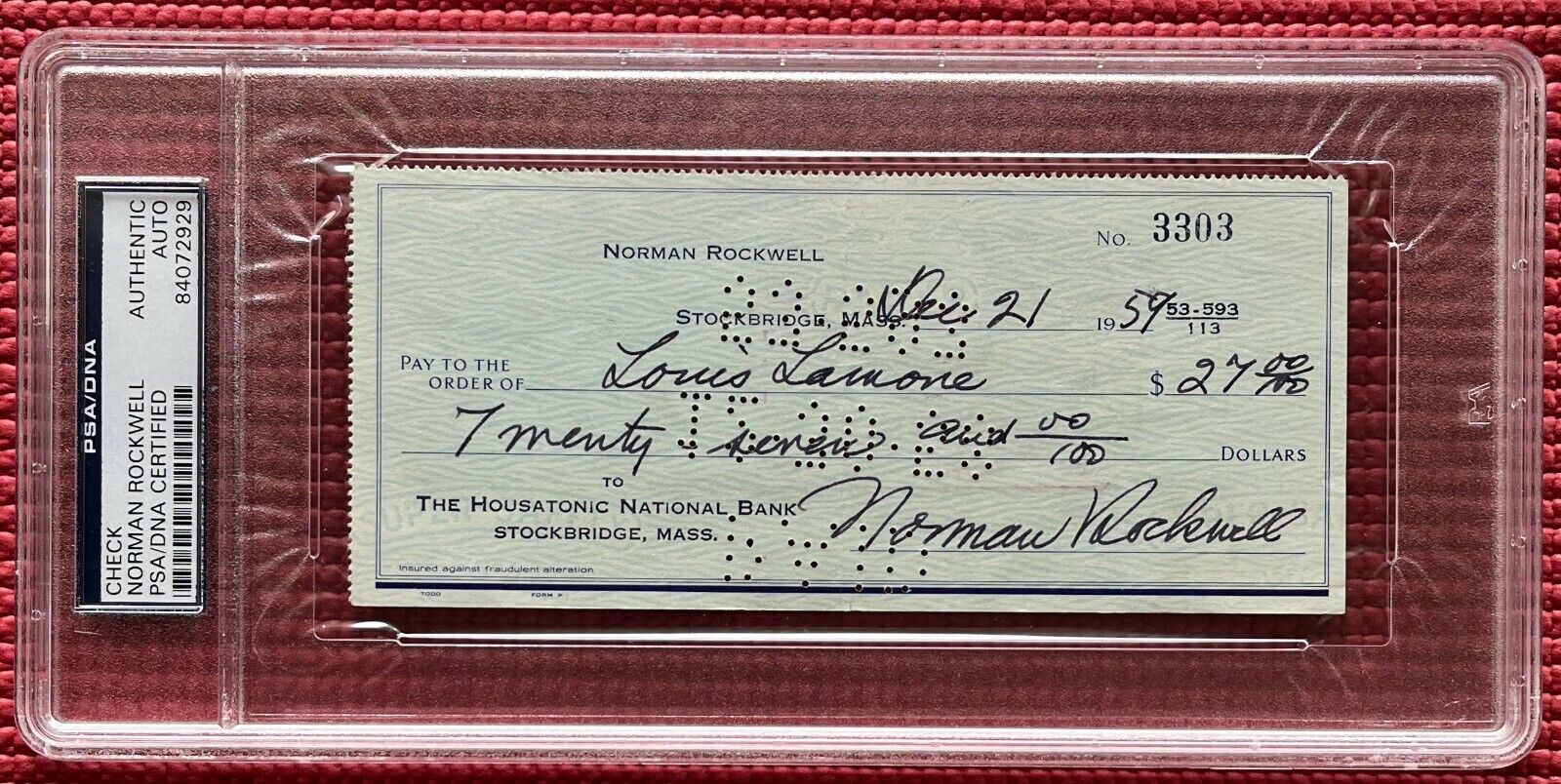 PSA/DNA slabbed autographed NORMAN ROCKWELL signed 1959 check 