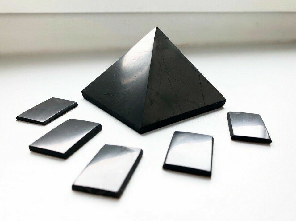 Shungite Pyramid 50 mm + Shungite Plate for Phone Sticker (5 pcs) EMF Protection
