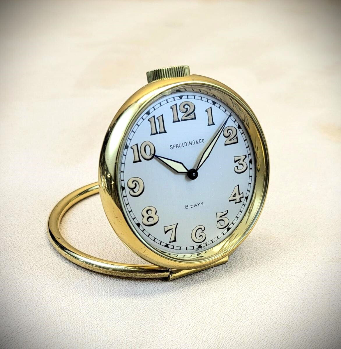 50s Spaulding & Co. Concord Swiss brass 8-day folding desk travel clock 15-jewel