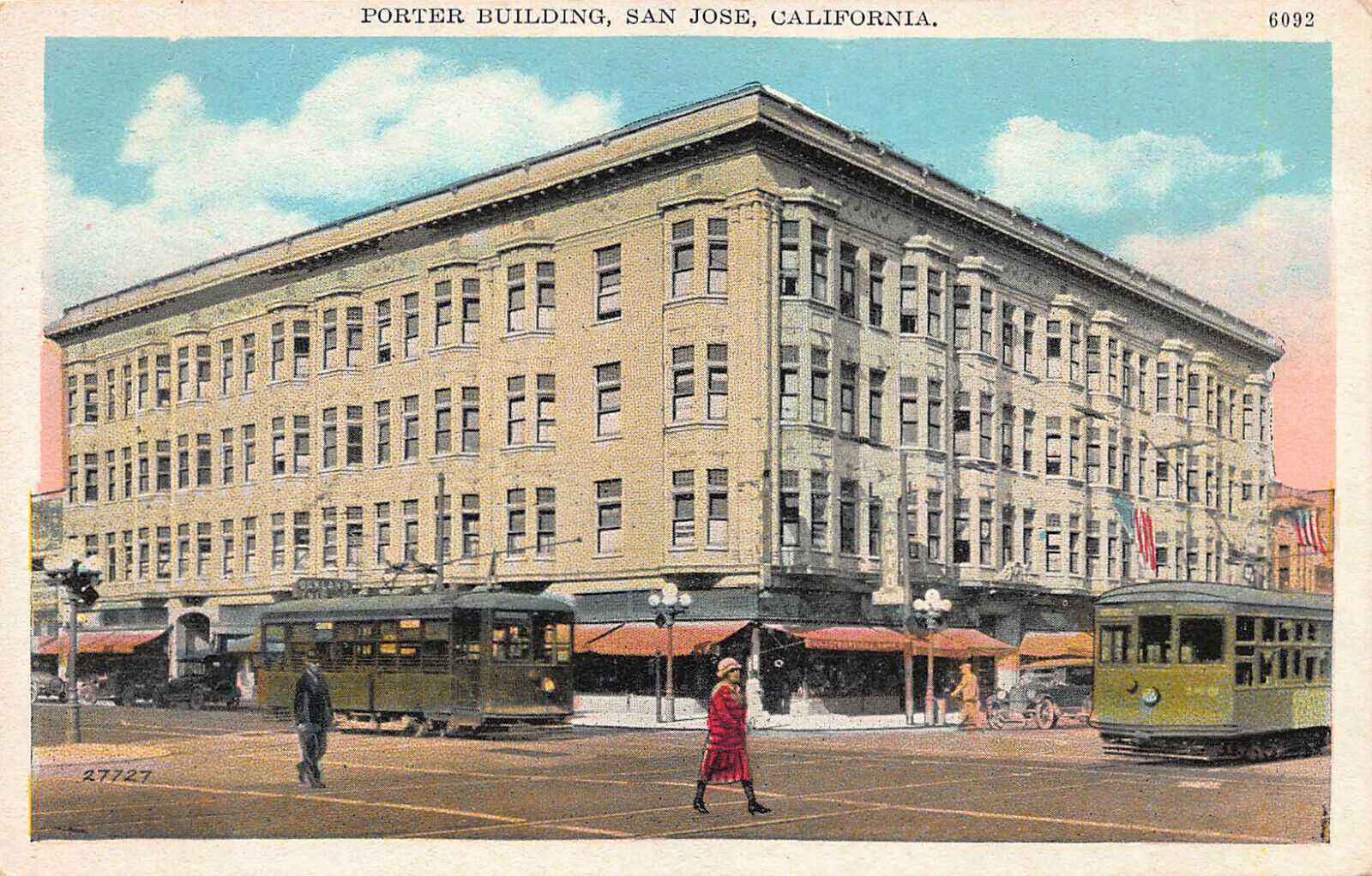 Porter Building, San Jose, California, Early Postcard, Showing 2 Trolley Cars