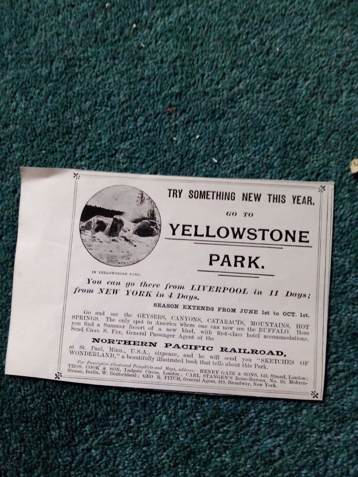 Kvc25 Ephemera 1895 advert yellowstone Park new York 