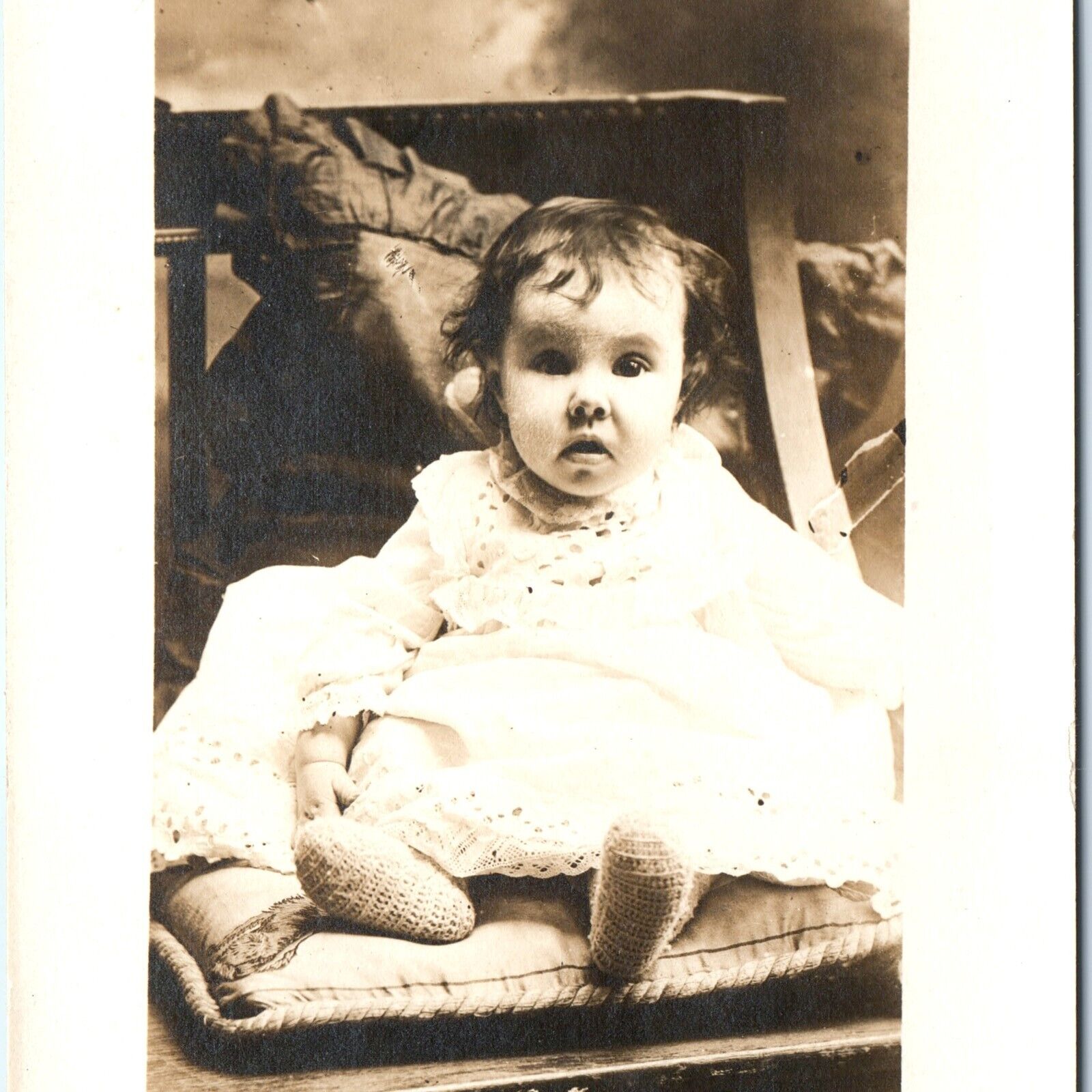 c1910s Funny Mouth Breather Baby Girl RPPC Knit Socks Dumbfounded Meme PC A151
