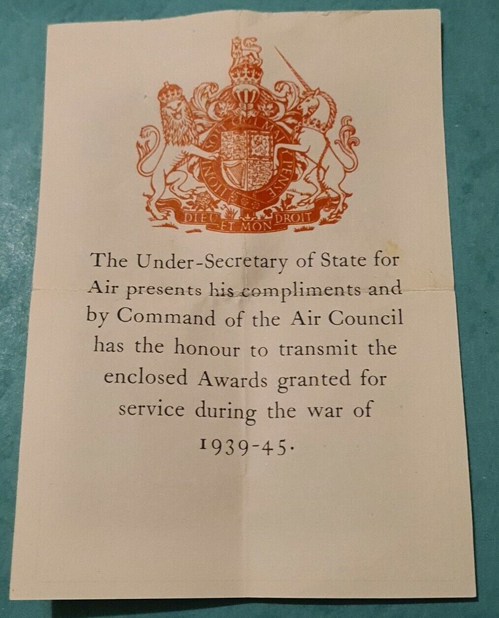 100% Original WW2 RAF Air Council Medal Star Certificate No medals marked