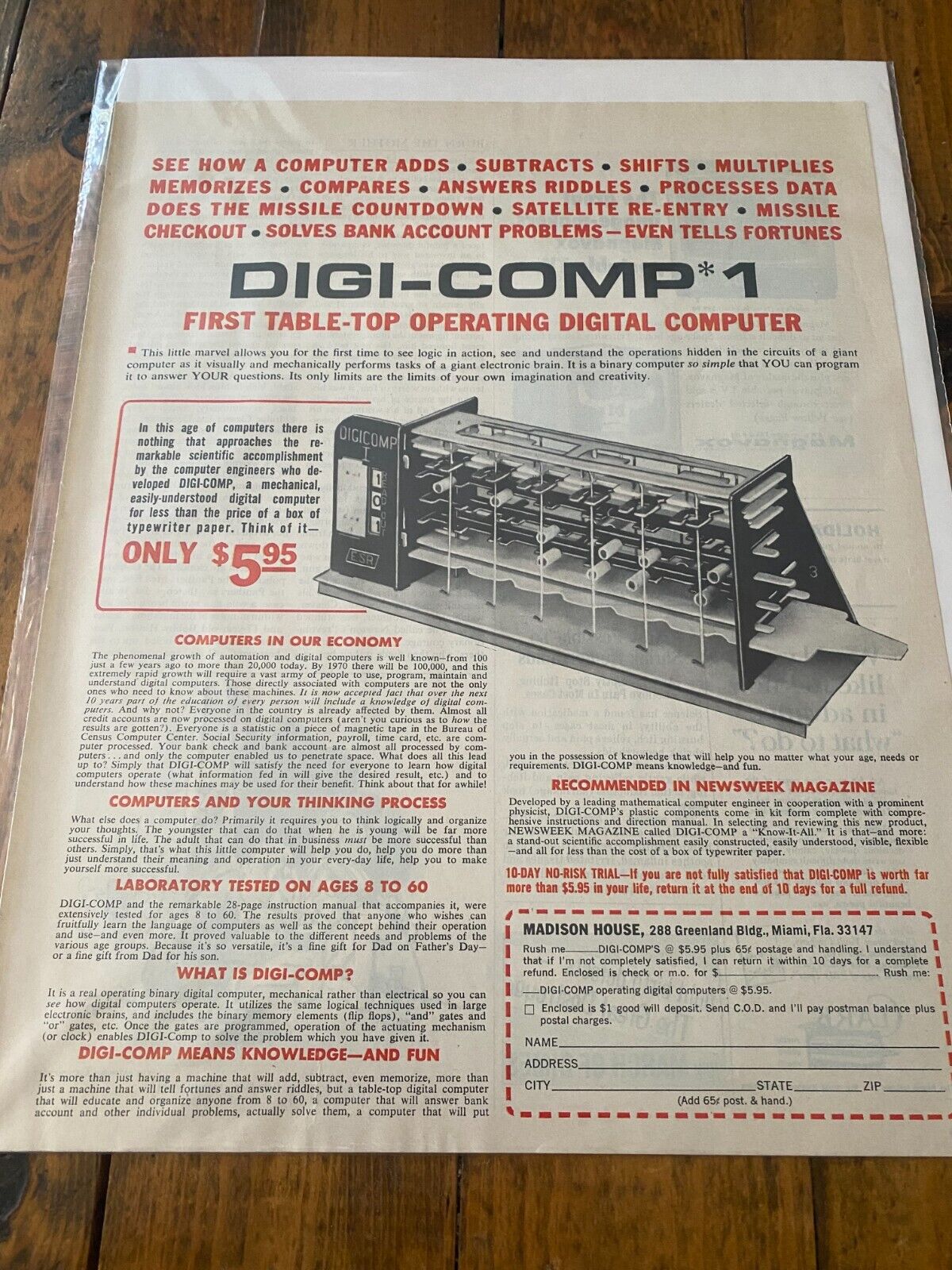 Vintage 1968 Digi-Comp 1 Table Top Digital Computer ad