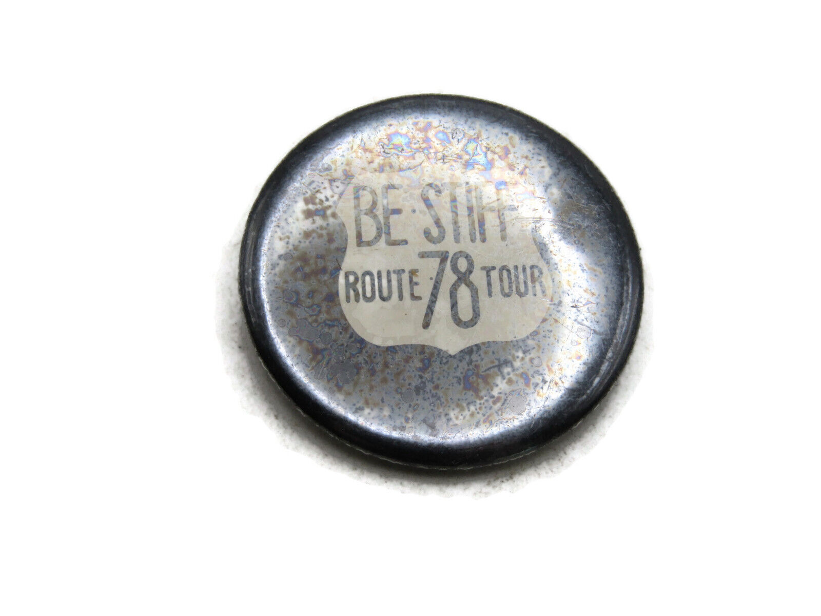 Be Stiff Route 78 Tour Lettered Pin Black Background