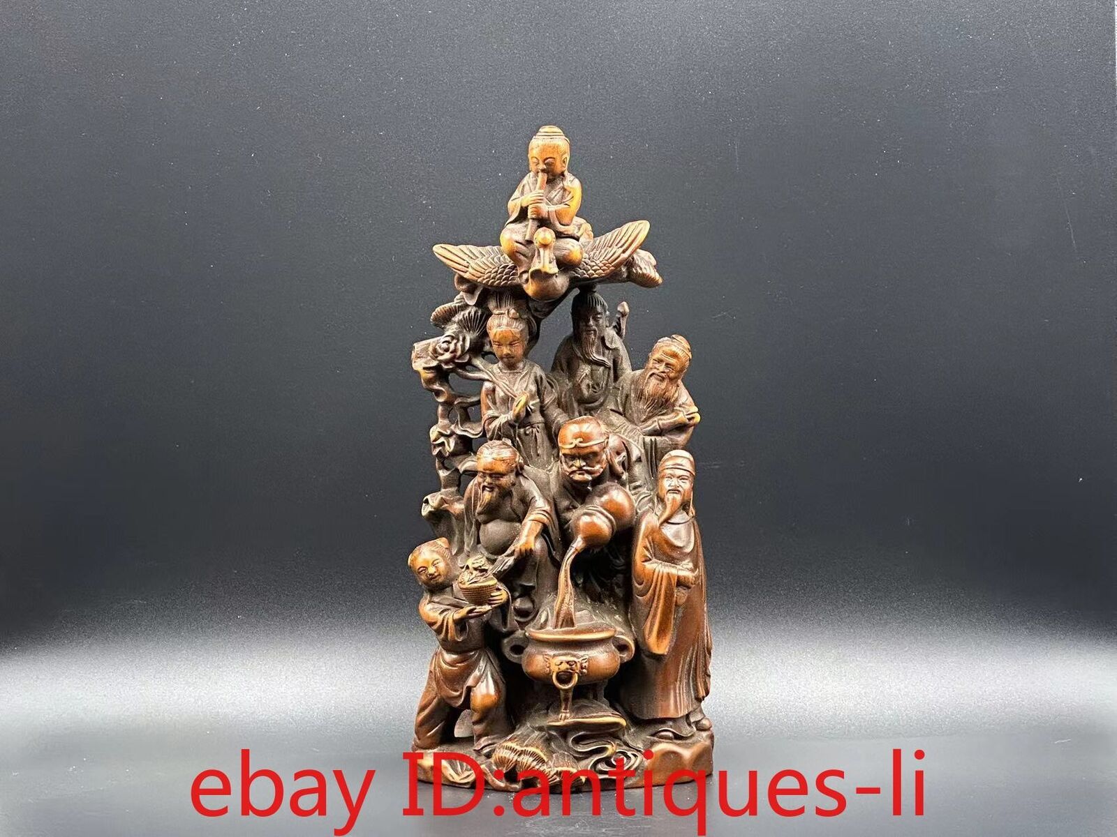 Ancient Chinese Yellow Poplar Wood Carving Statue of the Eight Immortals
