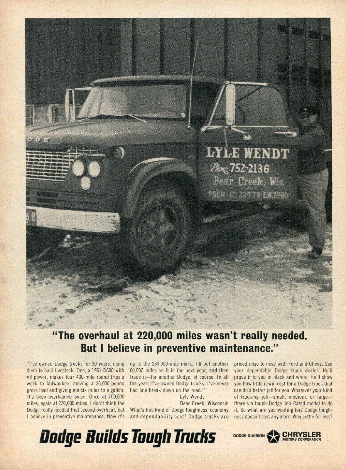 1966 Print Ad Chrysler Dodge Farm Truck 1961 D600 Lyle Wendt Bear Creek WI