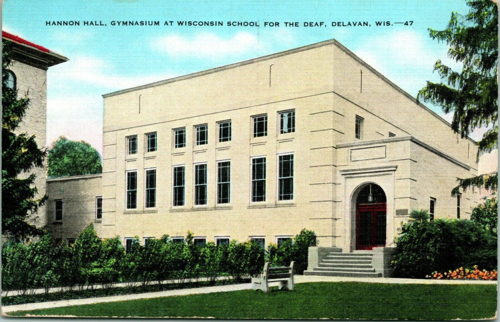 Vtg Linen Postcard Hannon Hall Gymnasium at Wisconsin School For Deaf Delavan WI