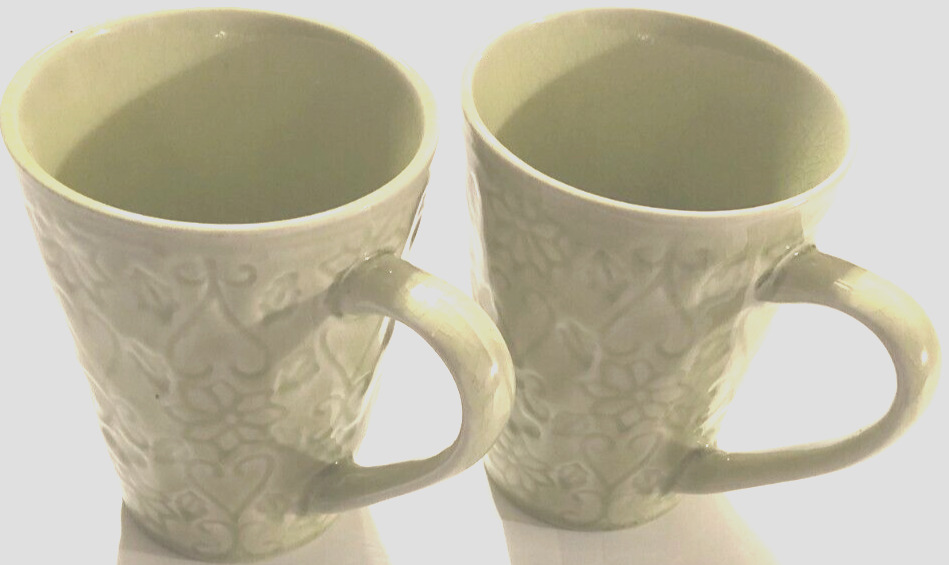 EURO Ceramica Set of 2 Lime Green Flowers Vine Ceramic Coffee Tea Embossed Mug