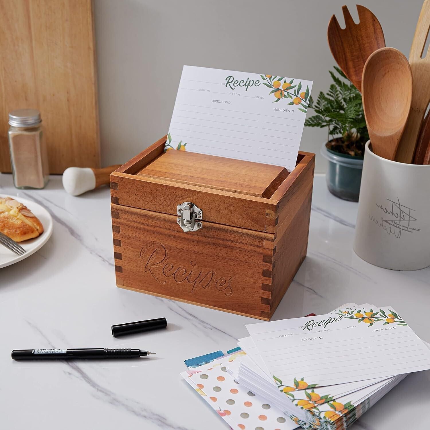 Acacia Wood Recipe Box with Cards - Blank Recipe Box Wooden Set Come with 50 ...