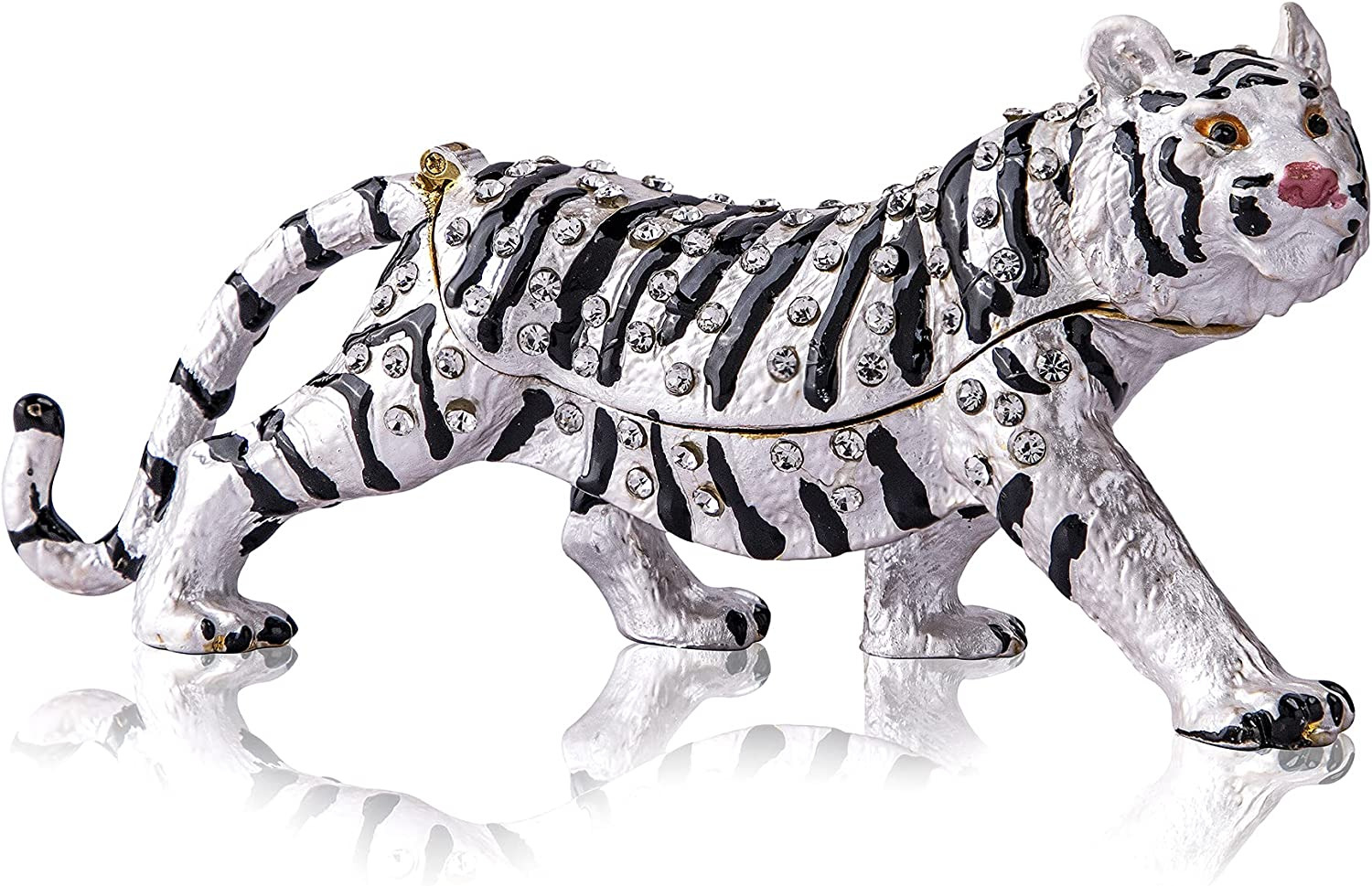 YU FENG White Tiger Figurine Trinket Boxes Hinged Collectible Crystals Bejeweled