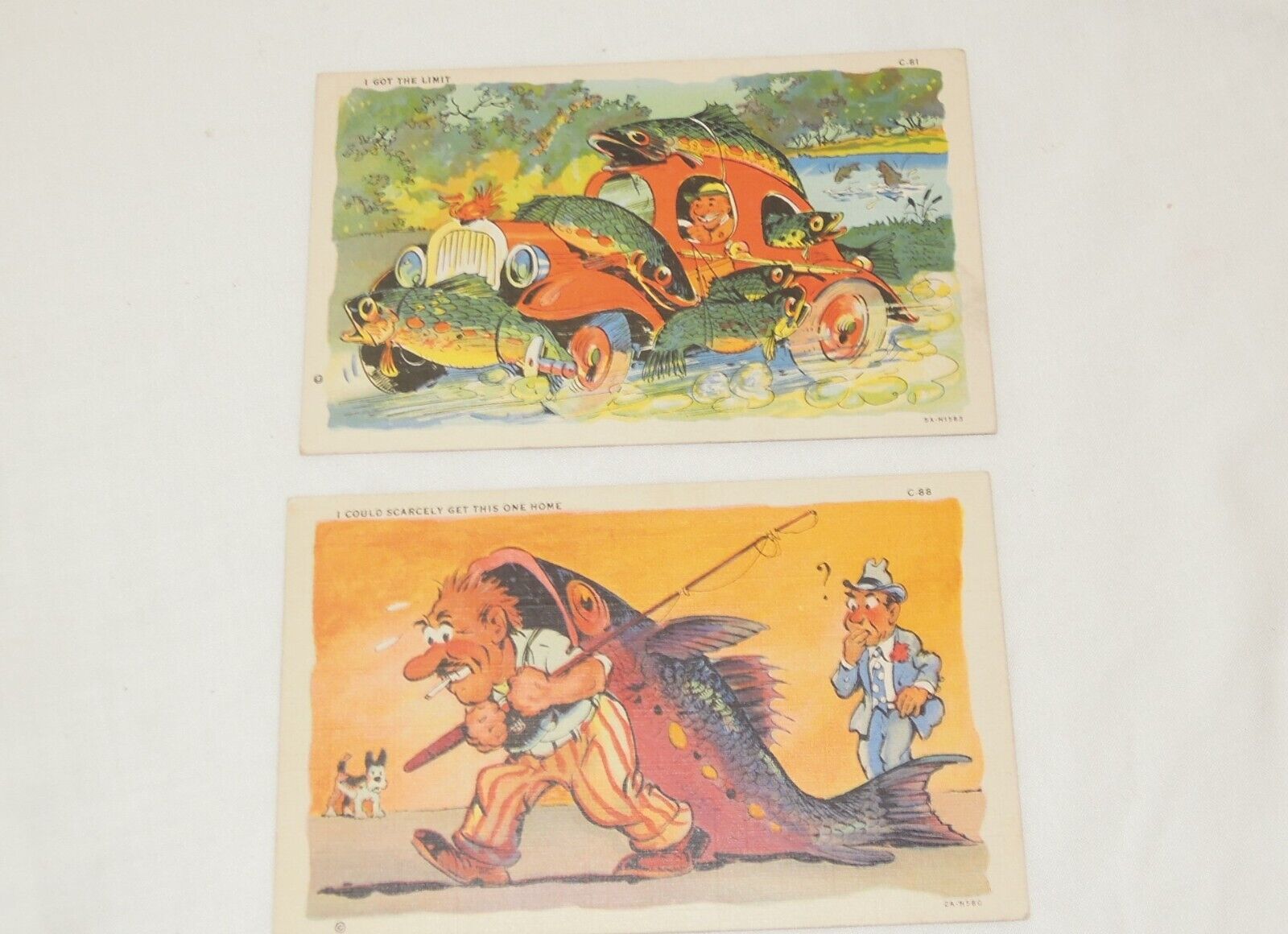 Two 1943 funny fishing linen postcards military postage no stamp WW II
