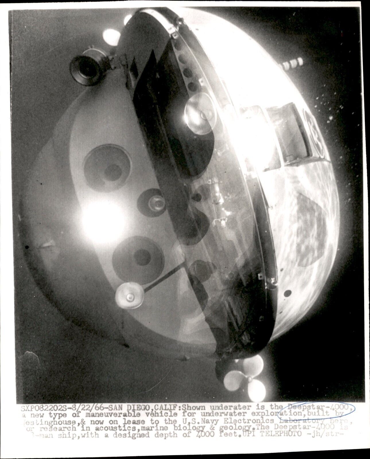 LG44 1966 Wire Photo US NAVY WESTINGHOUSE DEEPSTAR-4000 UNDERWATER SUBMERSIBLE