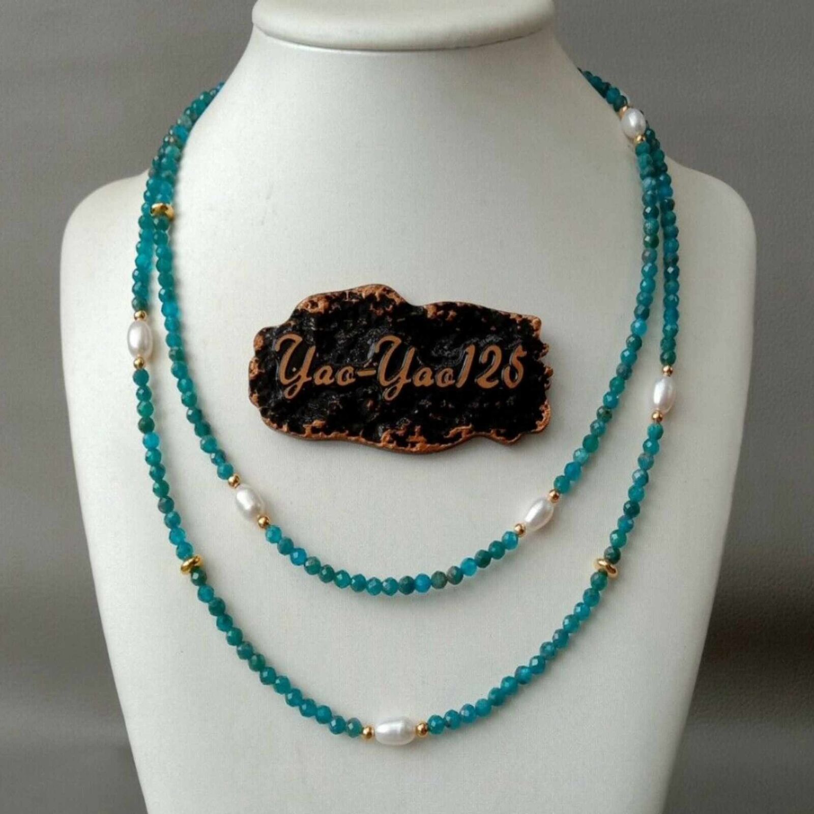 4mm Fashion natural Blue Kyanite white round pearl gold Necklace green Fashion
