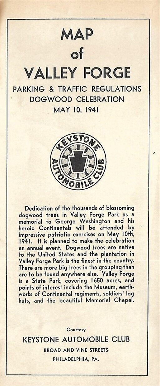 1941 KEYSTONE AUTO CLUB Road Map VALLEY FORGE DOGWOOD CELEBRATION Pennsylvania