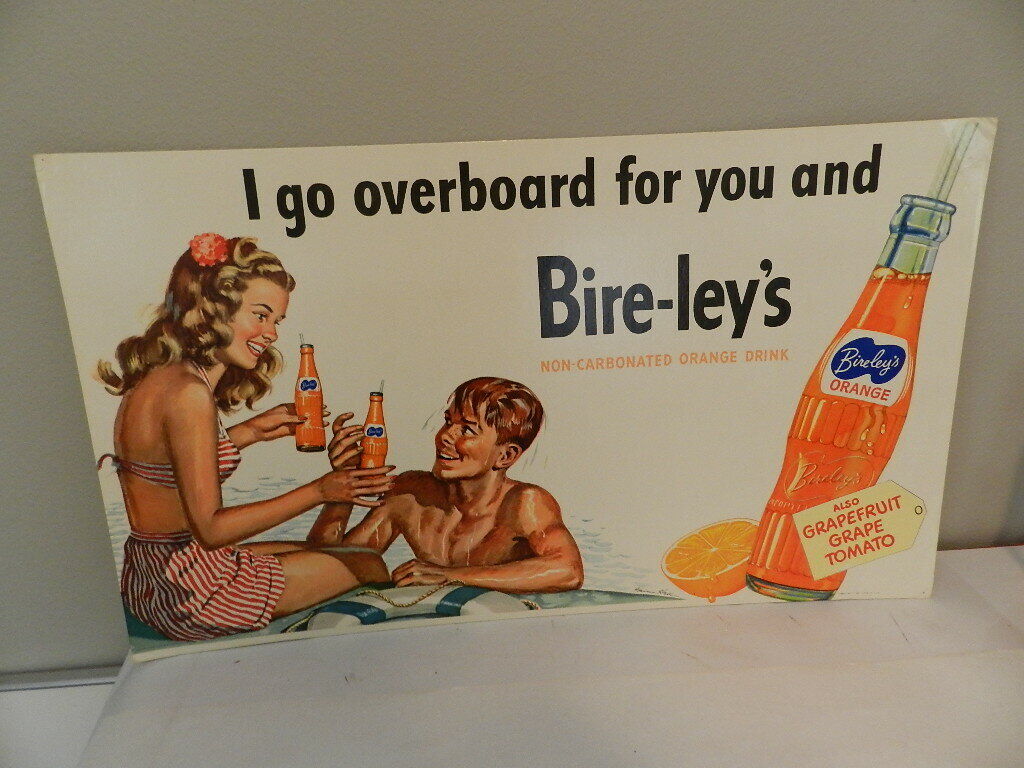 VINTAGE ADVERTISING SIGN- 1948 BIRELEY'S ORANGE SODA PAPERBOARD SIGN- DRIVE-IN
