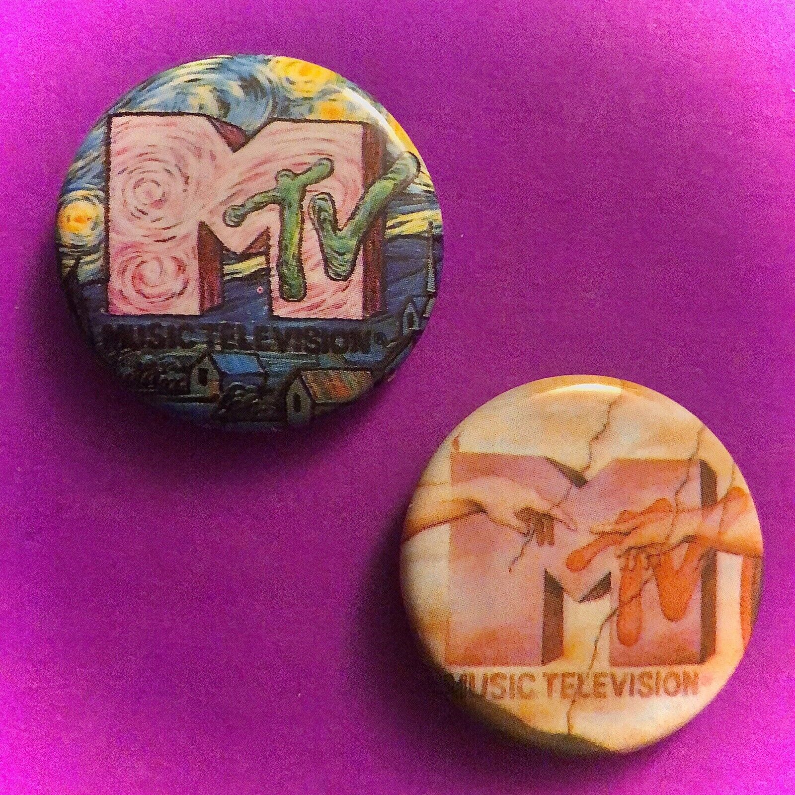 2 Vintage 1980s Original 80s MTV Metal Pin Pinback BUTTONS Van Gogh Michelangelo