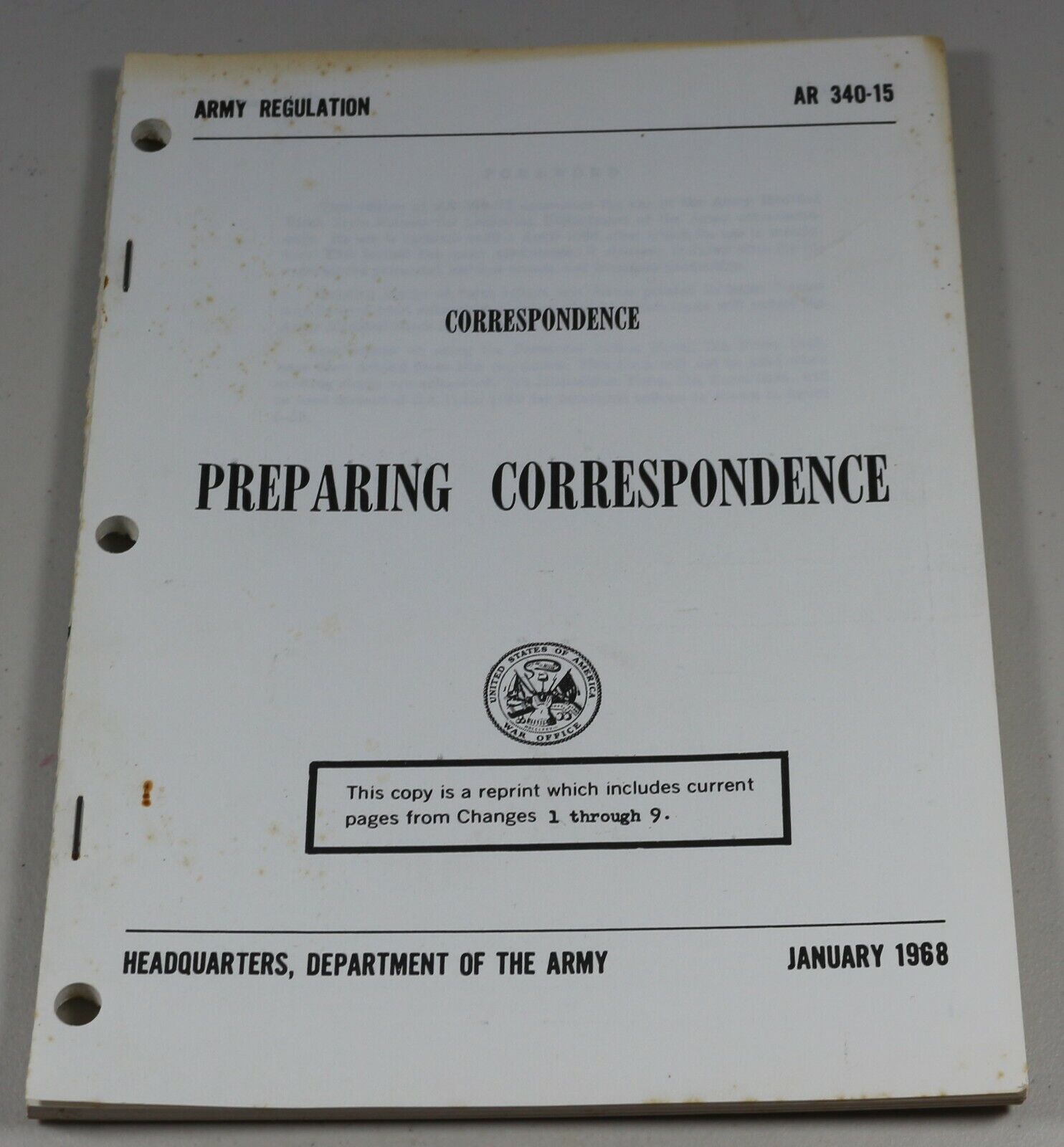 US Department of the Army Regulation Preparing Correspondence AR 340-15