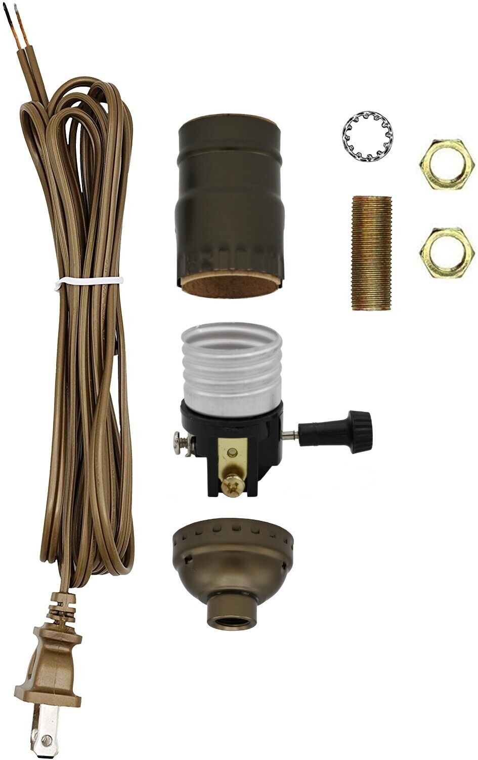 Make a Lamp or Repair Kit - All Essential Hardware, 3 Way Socket - Antique Brass