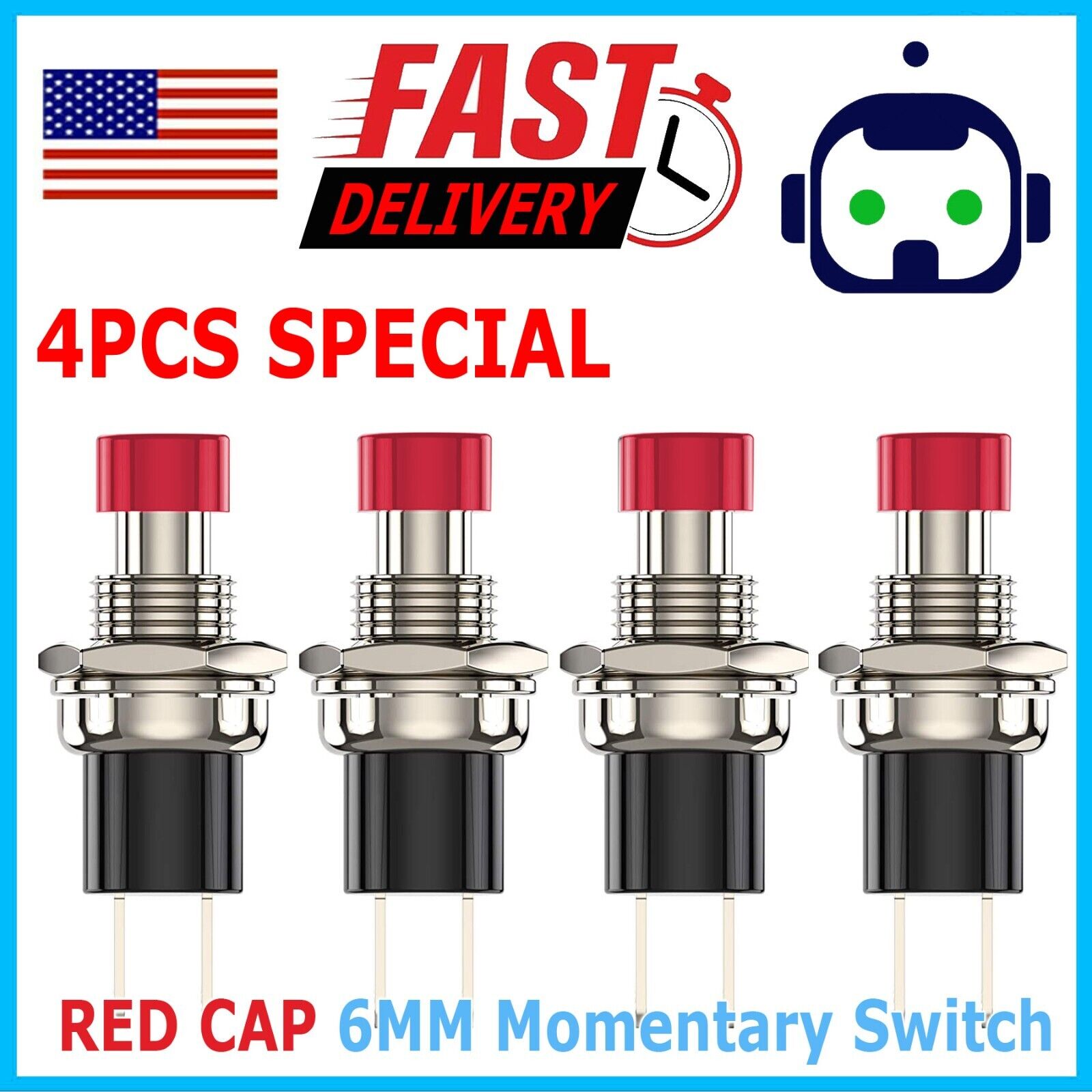 4 Pack SPST Normally Closed Momentary Push Button Switch Red