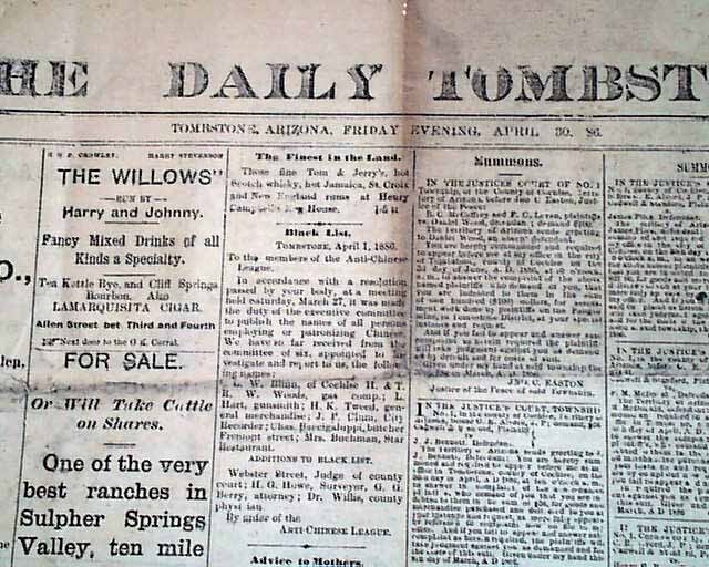 Rare TOMBSTONE AZ Pima County Arizona 1886 Original Newspaper w/ O.K. CORRAL AD