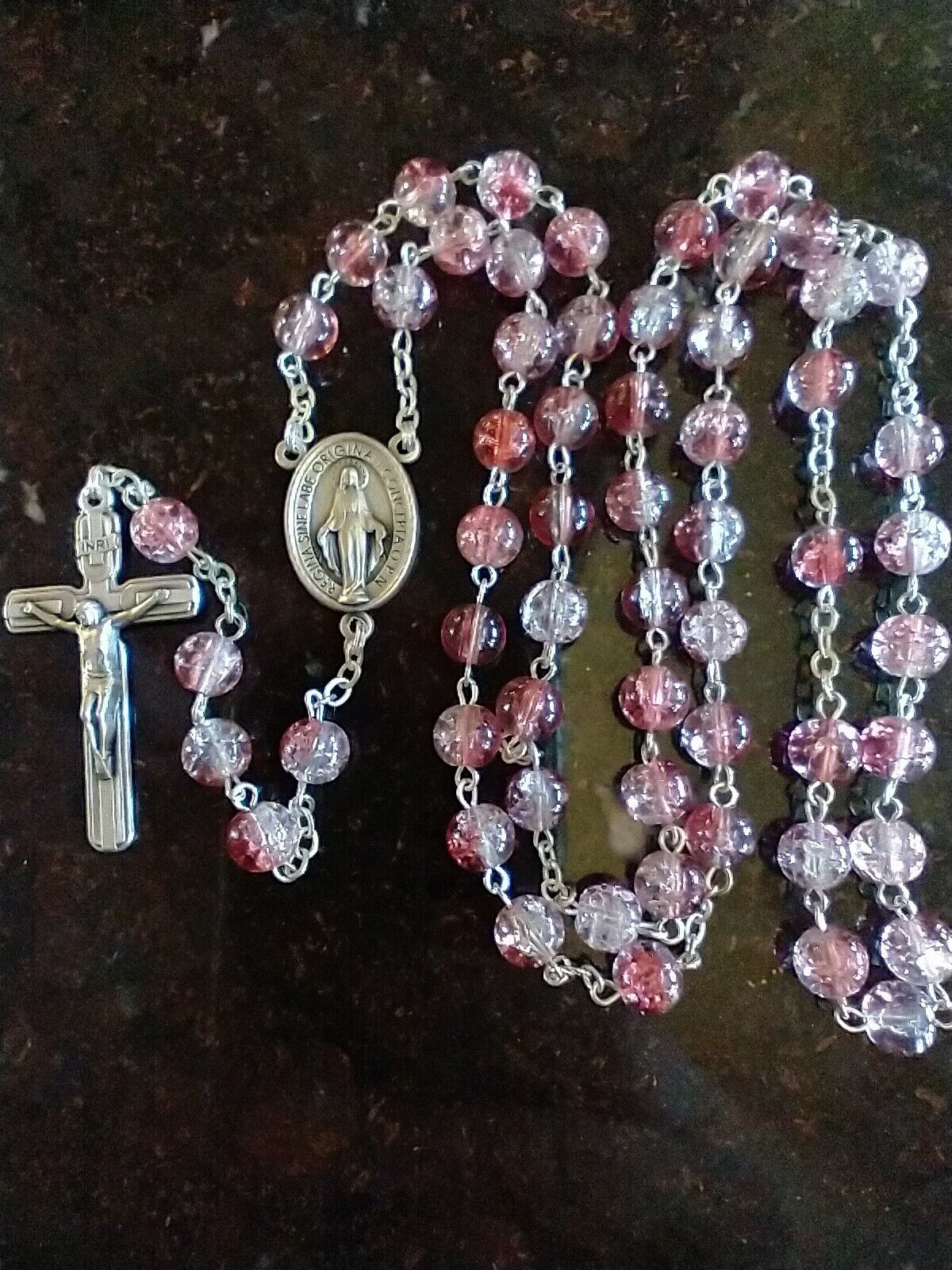 Beautiful Catholic Pink and Lavendar Crackle Glass Rosary