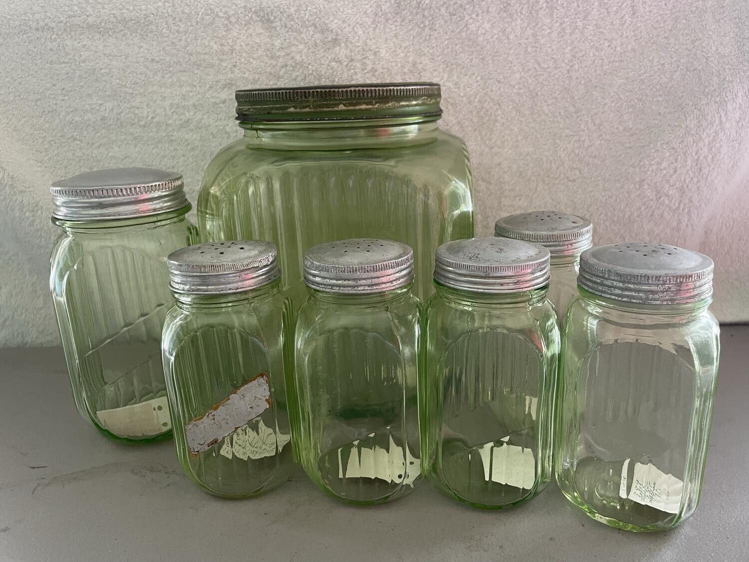Vintage Uranium Depression Glass Canister & Shaker Set Glows Green