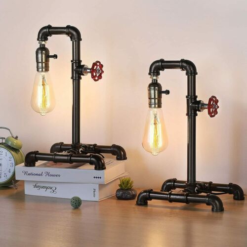 2Pcs Vintage Industrial Water Pipe Desk Light Steampunk Table Lamp Home Decor