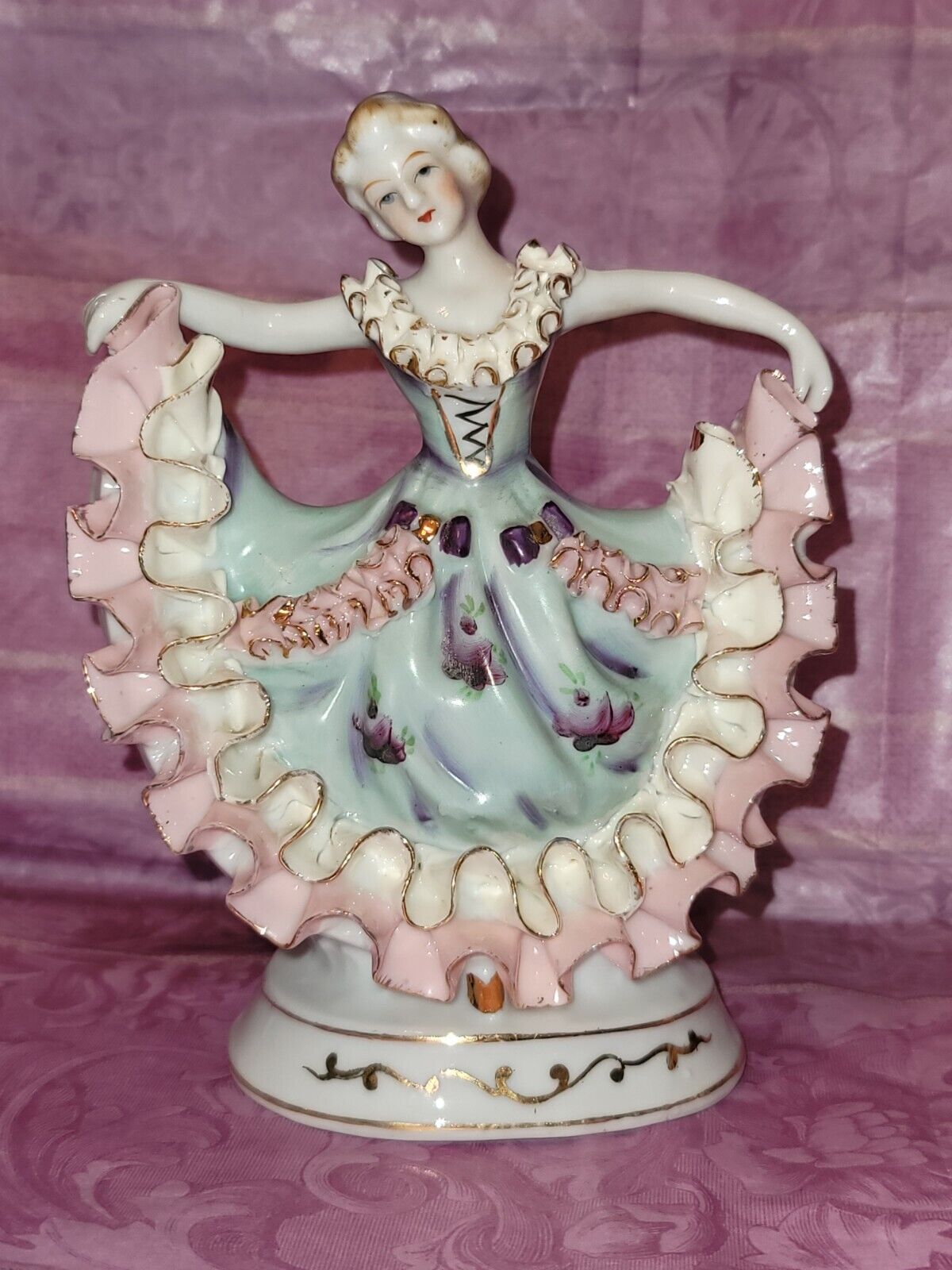 Antique Bone China Lace Victorian Lady Dancing Figurine Hand Painted Rare 