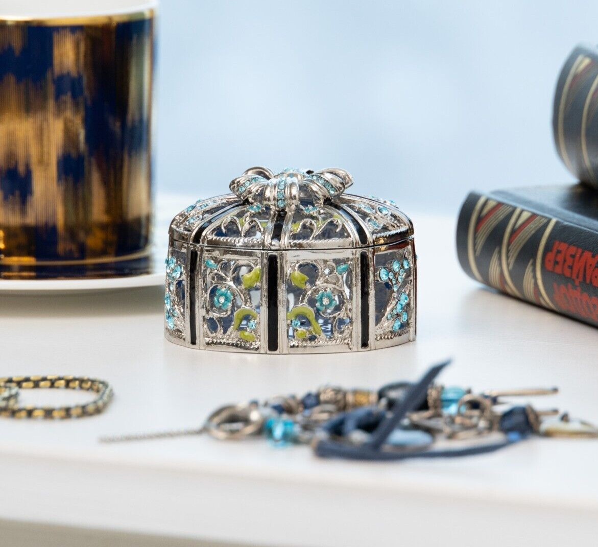 Keren Kopal  Blue Trinket Box silver plate Decorated with Austrian Crystals