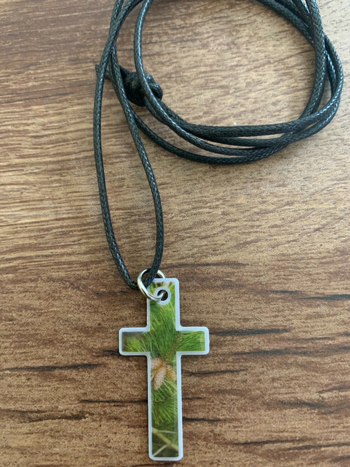 Camouflage Cross Pine Tree Necklace with Two Free Holy Cards
