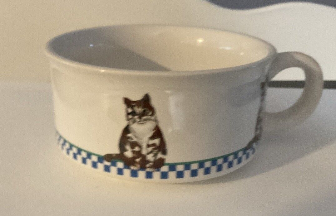 Vintage 1992 Potpourri Press Calico CAT Soup Mug Blue Checkerboard Cat Lovers