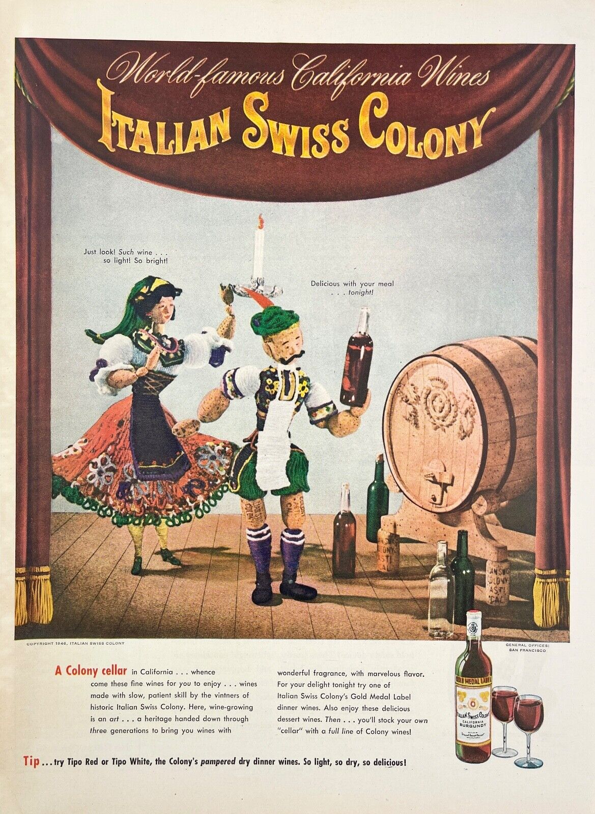 1947 Italian Swiss Colony Wine Cellar Burgundy Sonoma Wall Art Vintage Print Ad