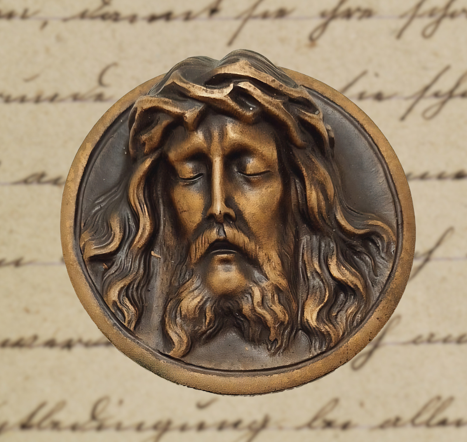 HOLY FACE JESUS CHRIST WALL MEDALLION SOLID BRONZE 19TH CENTURY ANTIQUE