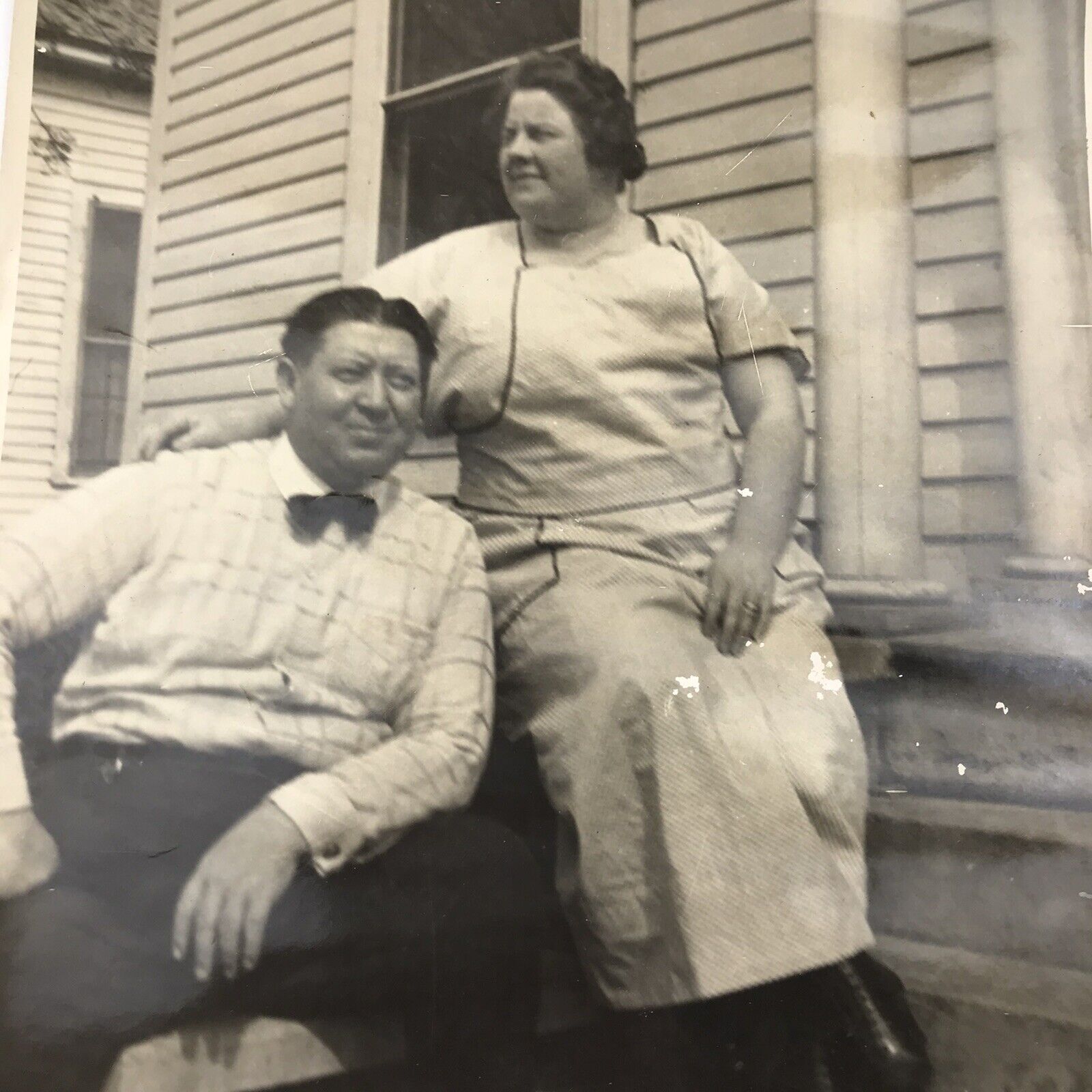 Vintage Black and White Photo Large Obese Man Woman Couple Hugging Posing Home
