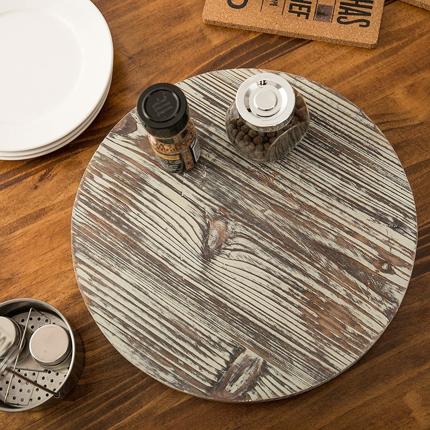 13-Inch Distressed Torched Wood Finish Lazy Susan Turntable w/ Ball-Bearing Base
