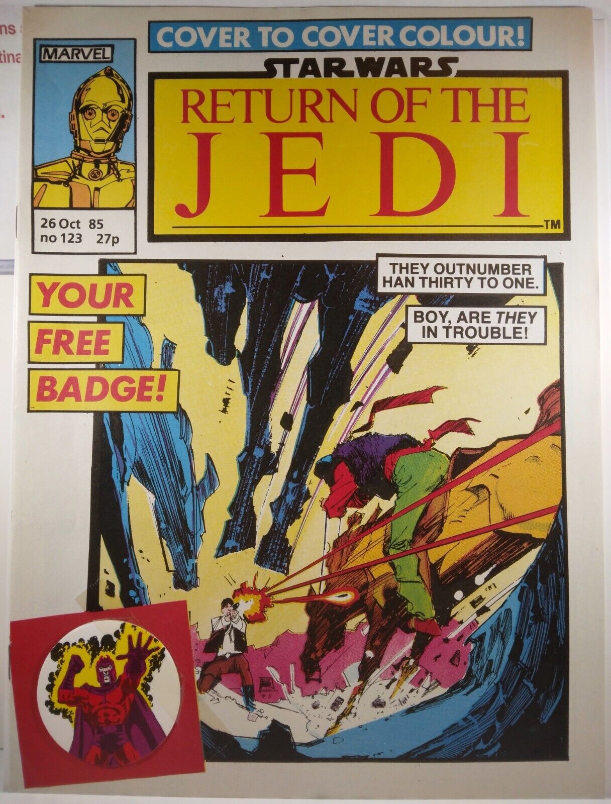💥 RETURN OF THE JEDI #123 VF MARVEL UK 1985 STAR WARS + X-Men MAGNETO badge