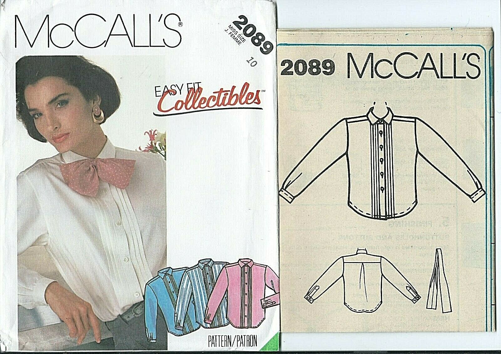 M 2089 sewing pattern 80\'s Shirt BLOUSE tucked front sweet TIE sew UNCUT size 10