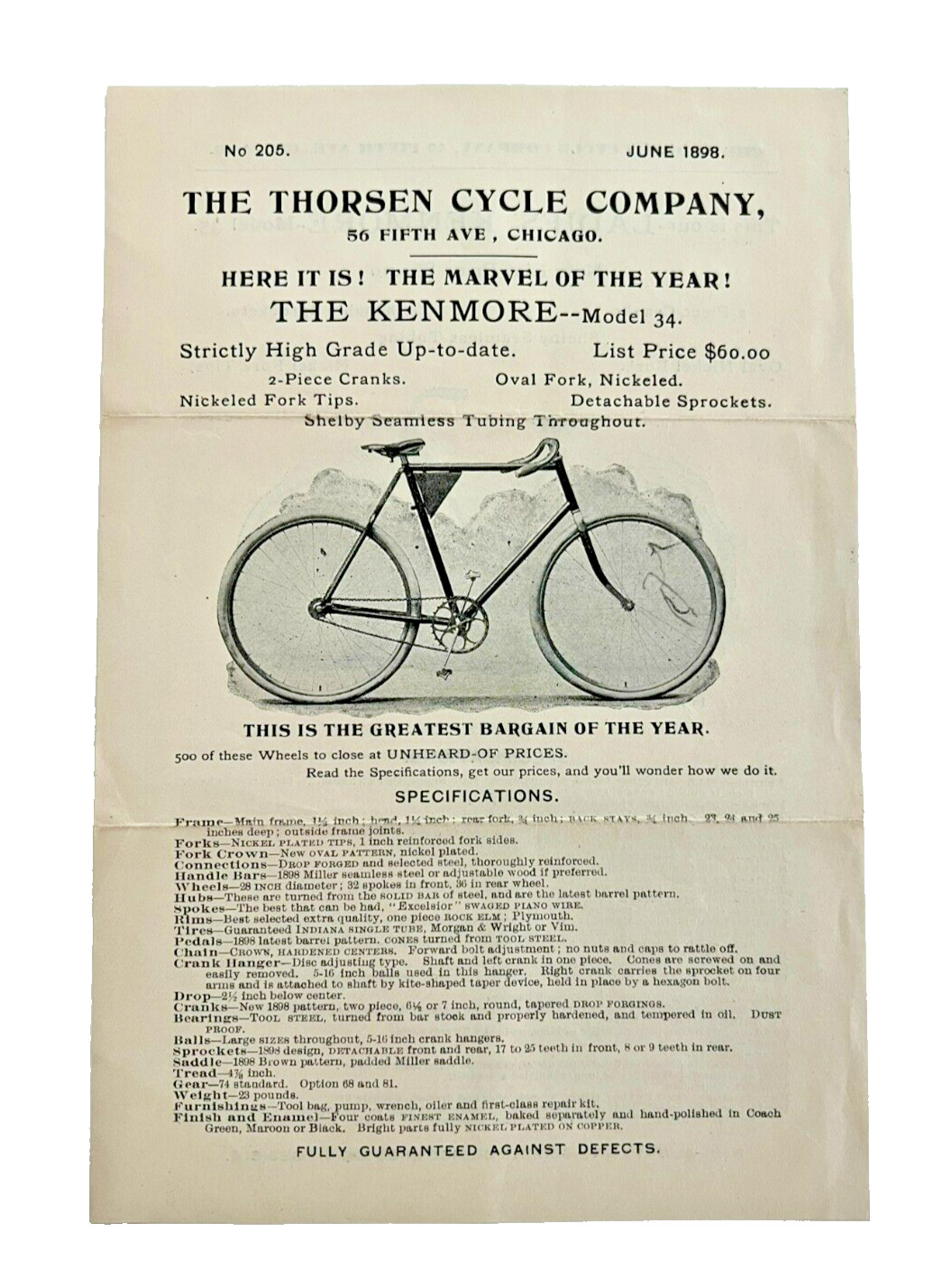 Antique 1898 Thorsen Cycle Co. Kenmore #34 & 35 Bicycle  Advertisement Flyer