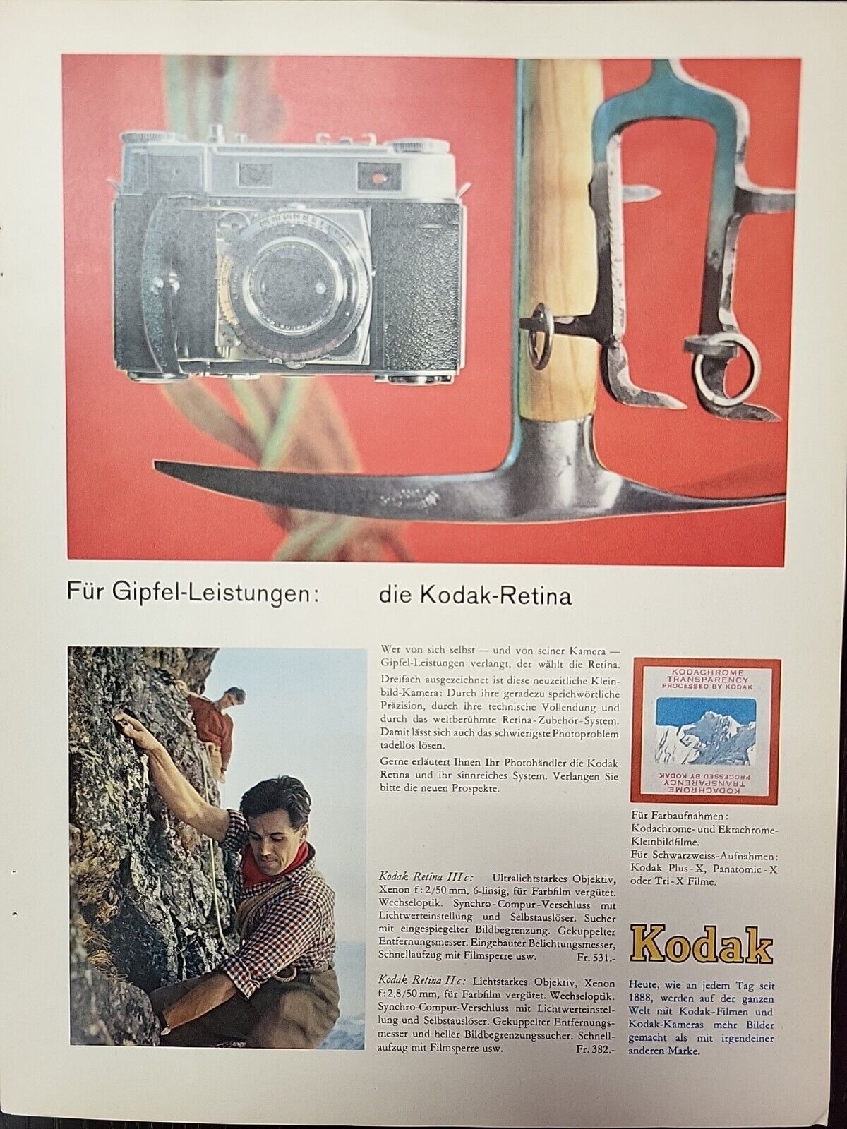 Kodak Retina Camera Print Ad 1957 Du Magazine Swiss Mountain Climbing German