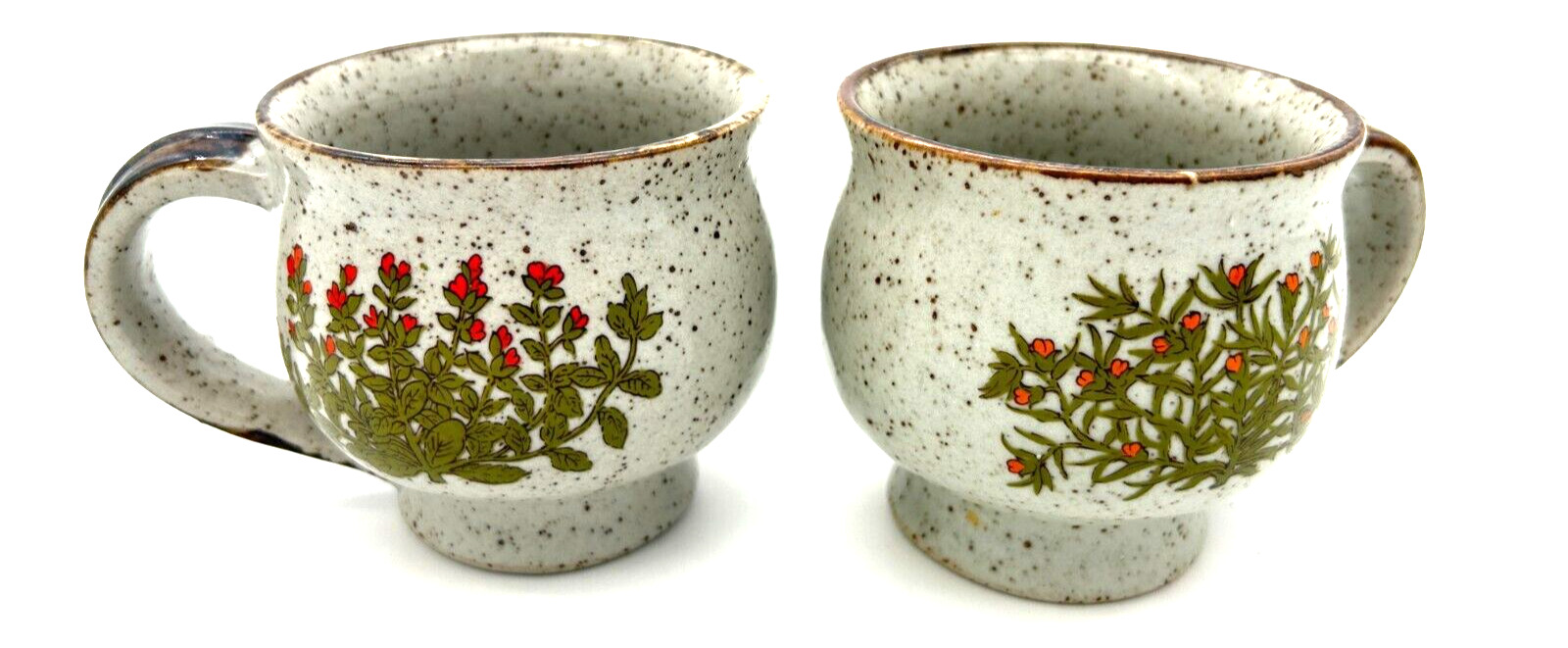 2 Vintage Round Takahashi Speckled Stoneware Mugs Floral