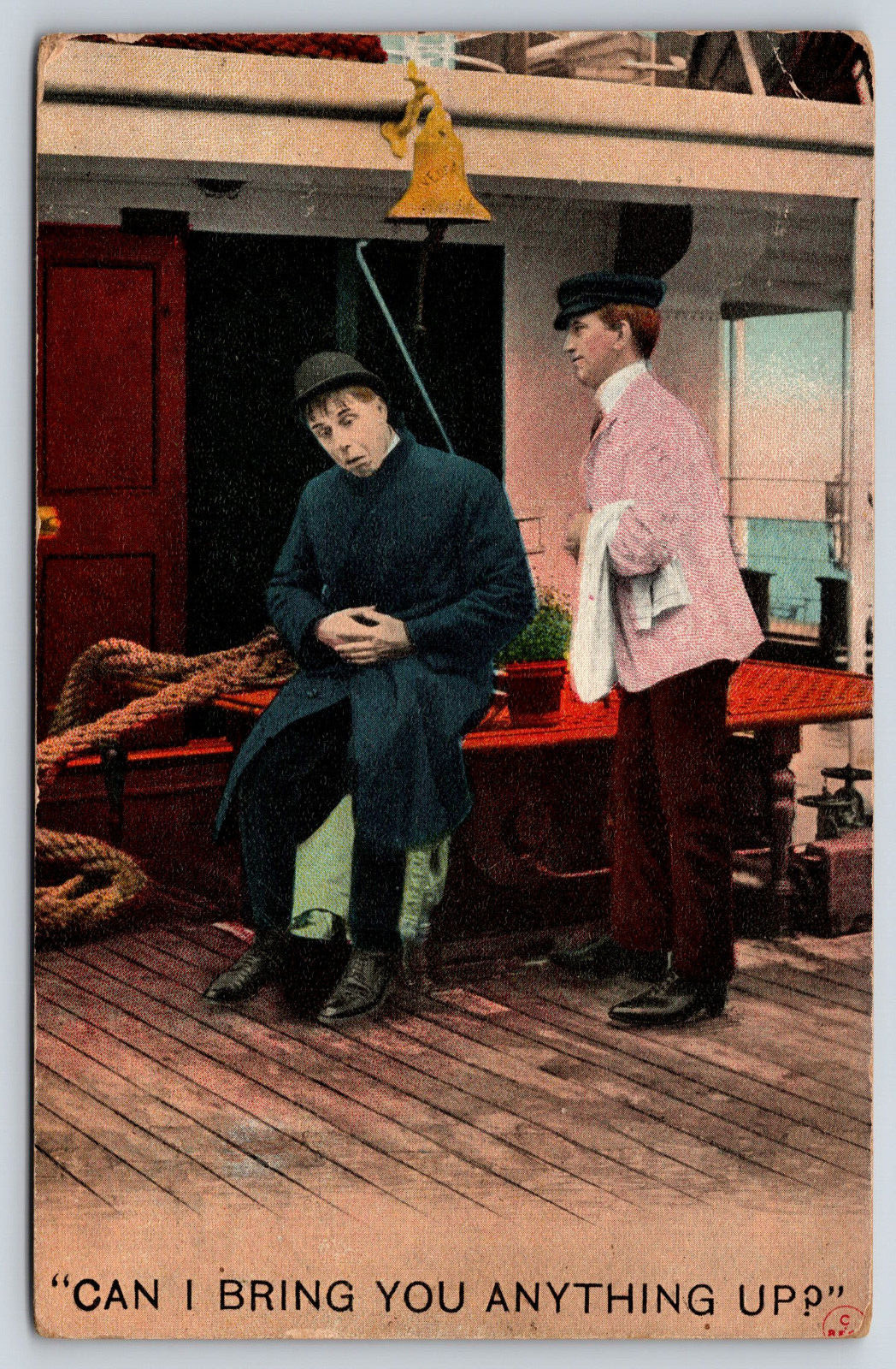 Postcard Sea Sick Men Boat Vintage Color Can I Bring You Anything Up 1911
