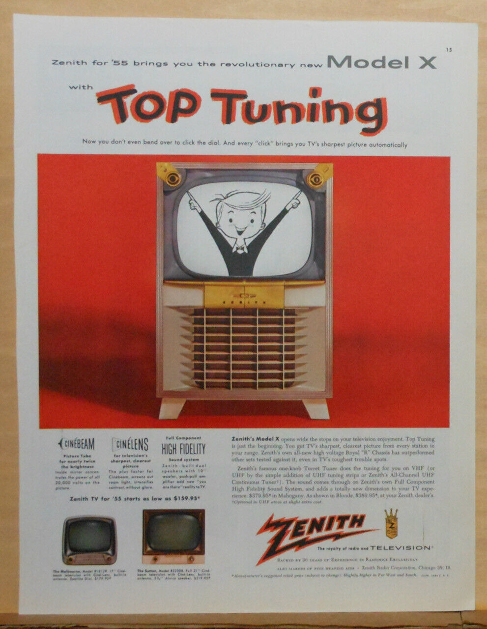 1954 magazine ad for Zenith Televison Set - revolutionary Model X, Top Tuning