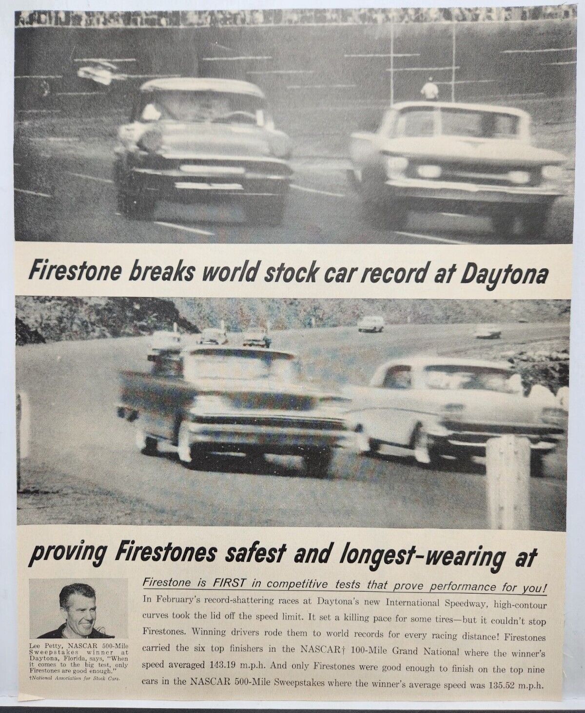1959 Daytona 500 Firestone Tires Lee Petty Vintage Print Ad Man Cave Art Deco